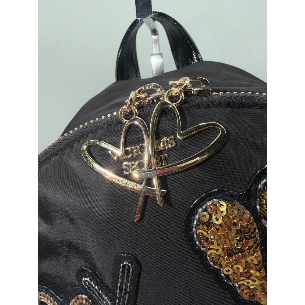 Victoria's Secret Mini Backpack Black Nylon Sequin Angel WingsXO Lips Heart Logo - Picture 3 of 11